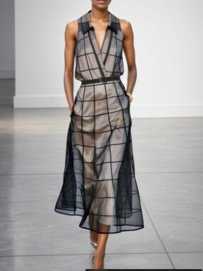 NWT Modesees Sleeveless Black Overlay Grid A-Line Dress Size Small